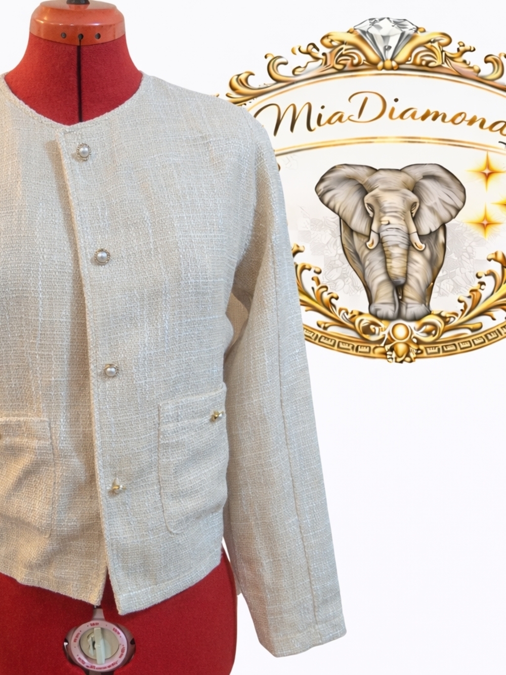 Miki Ivory Tweed Collarless Pearl-Button Jacket